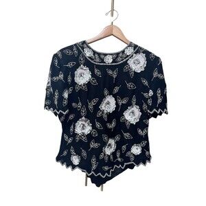 Vtg Marina Bresler Sequin Top Black Silver White Floral Short Sleeve 100% Silk M
